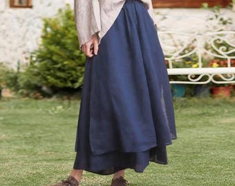 Wide Leg Linen Skirt Pants: Elastic Waist, Soft Casual Trousers F138