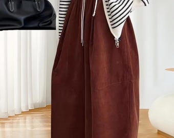 Calças de veludo cotelê vintage de pernas largas, modelagem relaxada e cintura elástica, ideais para primavera e outono (D05)