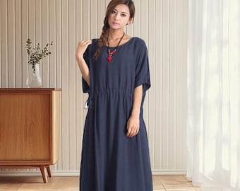 Cotton Linen Maxi Dress Loose Oversized Half Sleeves Linen Kaftan Dress Basic Flax Flowy Linen Dress Linen Robe Spring Summer Dress A31