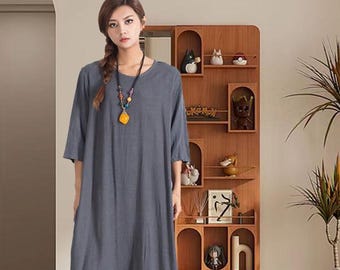 Vestido de linho feminino, vestido longo, vestido de linho de algodão oversized, vestido casual com bolsos, vestido longo solto, vestido plus size A70