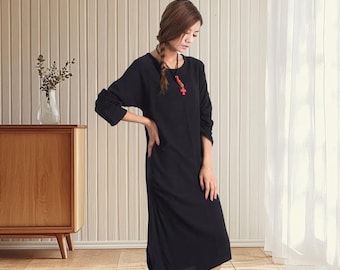Vestido de algodão e linho, vestido preto grande, mangas compridas, vestido de algodão e linho, vestido grande com bolsos, vestido assimétrico A18