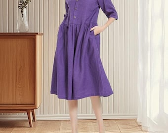 Vestido de lino y algodón, vestido holgado de lino, vestido skater hasta la rodilla, vestido casual suave, cuello redondo, manga corta, vestido casual, vestido ajustado b47