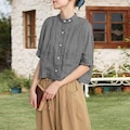 Women Oversized Linen Shirt Loose Linen Shirt Half Sleeves Relaxed Fit Linen Blouse Linen Mandarin Collar Shirts F129