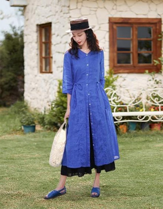 Linen Loose Fit Dress Casual Soft Dress Slim Fit Dress Custom made dress  Open-front coat Plus size custom women's clothing F269