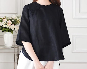 Cotton Linen tops for women short sleeves blouses boho top loose custom oversized tunic top spring linen top plus size clothing A246