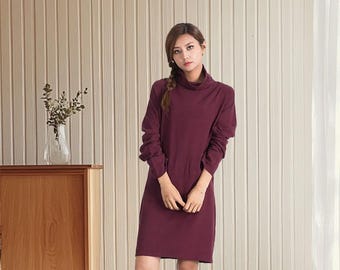 Vestido de lino y algodón, holgado, largo hasta la rodilla, con bolsillos, informal, suave, escote redondo, manga larga, talla A85