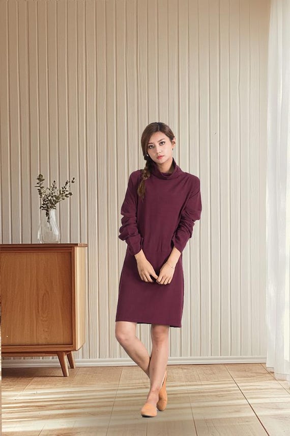 Cotton Linen Dress Linen Loose Fit Dress Knee Length Skater Dress With Pockets Casual Soft Dress Crew Neckline Long Sleeves Casual Dress A85