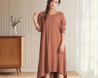 Cotton Linen Long Sleeve Dress Spring Summer Caftan Knee Length Dress Linen Flare Dress Customized Dress Plus Size Clothing A07