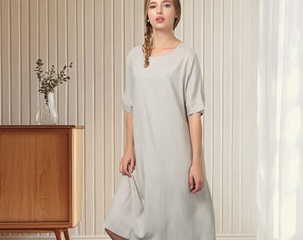 Vestido de lino y algodón, holgado, informal, suave, de manga corta, talla grande, personalizado, b25