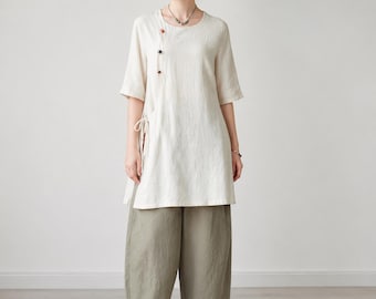 中国風禅スタイルブラウス リネンコットンチュニックトップス プラスサイズ レディース服 リネンカラー ロングブラウス オーバーサイズ ハーフスリーブブラウス D42