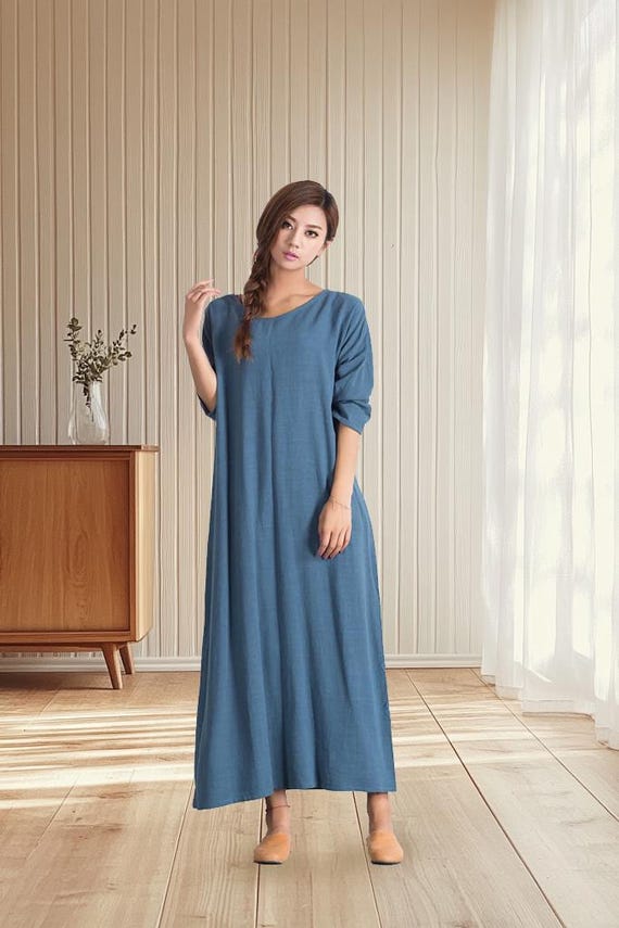 Women's Cotton Linen Dresses Long Sleeve Caftan Knee Length Dress With Pockets Spring Summer Maxi Dress Long Dress Plus Size Clothing A06