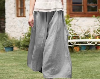 Falda pantalón de lino de pierna ancha: cintura elástica, pantalones casuales suaves F168