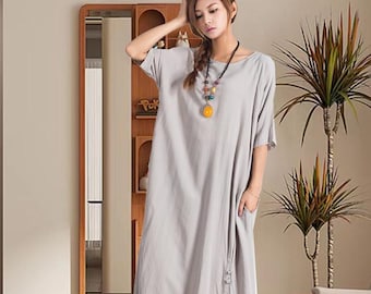 Cotton linen dress summer midi dress women robes half sleeve dress casual loose dress boho bubble linen dress plus size clothing A55