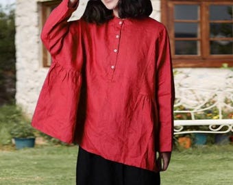Women Linen Shirts Linen Tunic Tops Oversized Loose Fitting  Blouses Kimono Customized Plus Size Tops F178