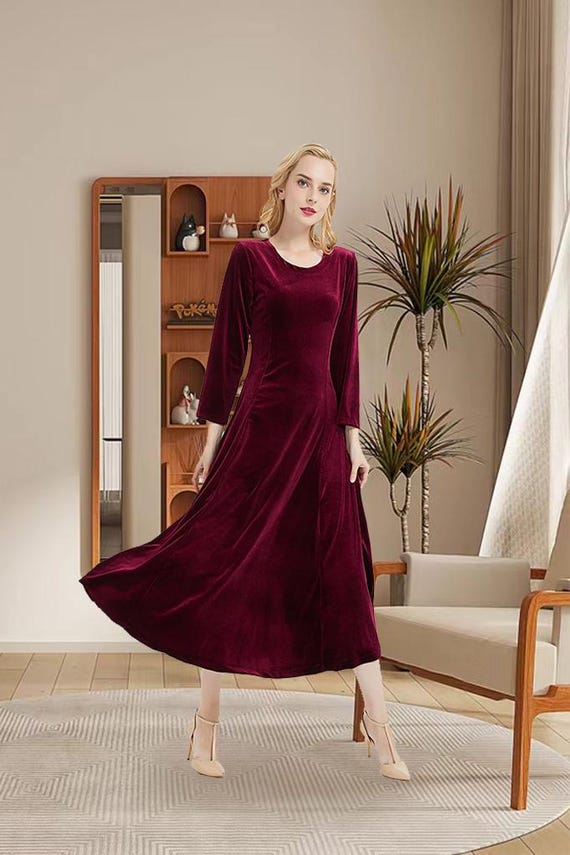 Women's Velvet Dress Half Sleeve Vintage Dress With Pocket Winter Bridesmaid Dress Loose Plus Size Wedding Prom Evening Dress R19