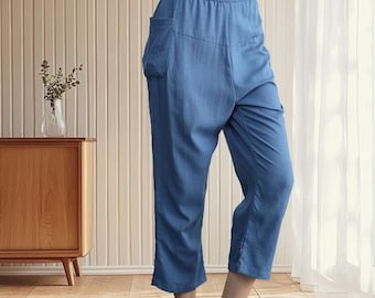 Pantaloni in lino e cotone, pantaloni lunghi in lino, pantaloni a gamba larga con tasche, pantaloni harem con elastico in vita, pantaloni lunghi personalizzati per taglie forti primavera estate 11