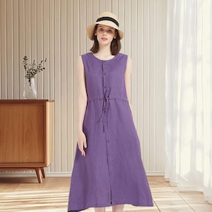 Casual Sleeveless Dress Summer Dress Cotton Linen Dress Oversize Long Dresses Sundress Dress with Pockets Customized Dress A41