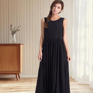 Women&#39;s cotton linen Sleeveless dress high neck maxi dress boho summer dress with side pocketsoversized clothing plus size dress A04