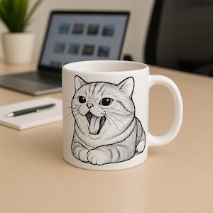 Screaming Cat Meme Mug Yawning or Yelling? Hilarious Viral Cat Cup | Funny Office Coffee Mug | Chonky Cat with Attitude | TikTok Meme Gift