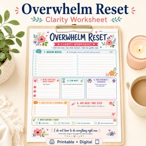 以下が含まれることがあります： クリップボードに挟まれた「Overwhelm Reset Clarity Worksheet」の印刷物。Brain Noise、What Matters Most Today、Can Wait、Ask for Help、Quick Replies、My Next Tiny Step、Reset Before I Startの各セクションがあり、花柄の装飾が施されています。