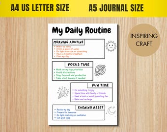 Puede incluir: Una hoja de planificador diario blanca titulada My Daily Routine con cuatro secciones: Morning Routine, Focus Time, Fun Time y Evening Reset. Cada sección incluye tareas con viñetas e iconos como un sol, una diana, un confeti y una luna. Texto en negro, rojo, verde, morado y azul.
