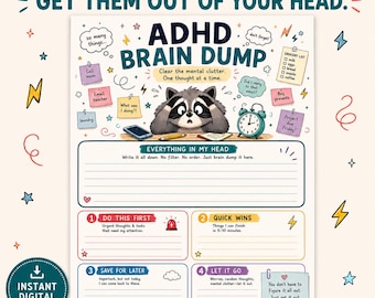 Puede incluir: Una página de planificador "ADHD brain dump" con una ilustración de un mapache, notas adhesivas coloridas y secciones tituladas "Everything in my head", "Do this first", "Quick wins", "Save for later" y "Let it go" con indicaciones para organizar tareas.