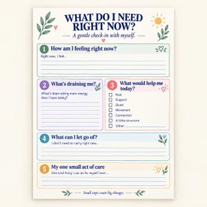 May include: A printed wellness check-in worksheet titled WHAT DO I NEED RIGHT NOW? A gentle check-in with myself. It features five numbered sections with prompts for self-reflection, including checkboxes for daily needs, decorated with small green leaf illustrations, hearts, and a sun icon.