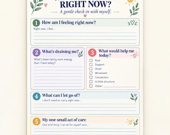 Puede incluir: Una hoja de trabajo de bienestar titulada WHAT DO I NEED RIGHT NOW? A gentle check-in with myself. Contiene cinco secciones numeradas con preguntas para la autorreflexión, casillas de verificación para necesidades diarias, decorada con pequeñas ilustraciones de hojas verdes, corazones y un sol.