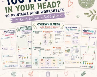 Puede incluir: Un conjunto de 10 hojas de trabajo imprimibles para TDAH que incluyen varios planificadores y rastreadores con títulos como Too Much In Your Head, Overwhelmed y Mind Clear. Las páginas incluyen listas de verificación, registros de energía y guías.