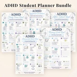 Peut inclure: Un ensemble de cinq feuilles de planification pour étudiants TDAH avec des graphiques bleus et doux, des listes de contrôle et des invites. Les titres incluent ADHD Study Panic Reset, Assignment Breakdown, After-School Reset, Missing Work Reset et Homework Start Here.