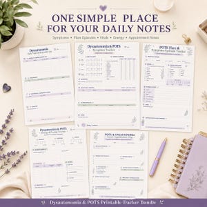 Pode incluir: Um conjunto de rastreadores imprim&iacute;veis para disautonomia e POTS, composto por cinco folhas de papel branco com texto roxo e detalhes florais. As p&aacute;ginas incluem se&ccedil;&otilde;es para sinais vitais, sintomas, epis&oacute;dios de crises, energia e consultas m&eacute;dicas.
