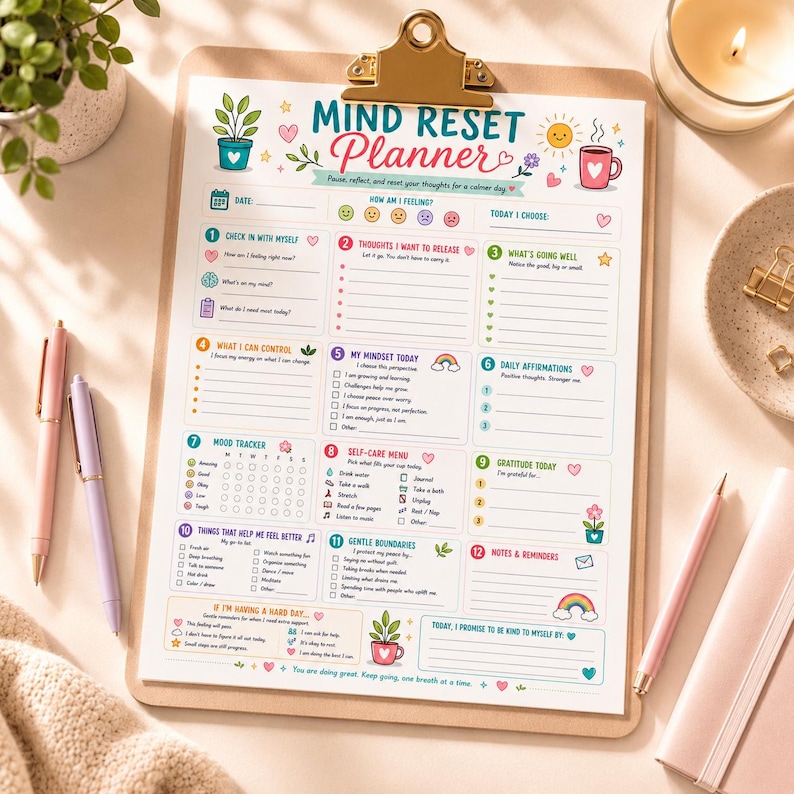 Puede incluir: Una hoja de Mind Reset Planner en un portapapeles de madera con un clip dorado. El papel blanco presenta ilustraciones coloridas de plantas, un sol y una taza, con doce secciones numeradas para la reflexi&oacute;n diaria y listas de tareas.
