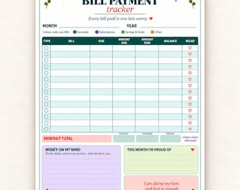 Puede incluir: Una hoja de seguimiento de pagos de facturas con fondo blanco, que incluye una tabla para registrar gastos mensuales, fechas de vencimiento y montos. Contiene secciones para pensamientos financieros, totales mensuales e iconos de corazones rojos.