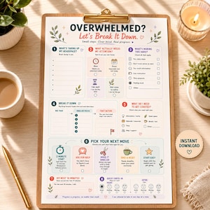 Overwhelm Reset Worksheet ADHD Brain Dump Task Breakdown Executive Function Printable Anxiety Stress Relief Planner for Teens Adults