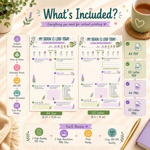 Puede incluir: Una hoja de trabajo digital titulada My Brain Is Loud Today, con secciones para el descanso mental, autocuidado y tareas diarias. Incluye formatos A4 y US Letter, 21,0 por 29,7 cm, con detalles florales, iconos y casillas de verificaci&oacute;n.