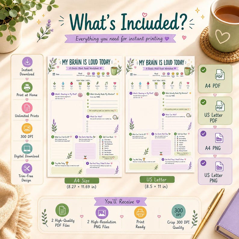 Puede incluir: Una hoja de trabajo digital titulada My Brain Is Loud Today, con secciones para el descanso mental, autocuidado y tareas diarias. Incluye formatos A4 y US Letter, 21,0 por 29,7 cm, con detalles florales, iconos y casillas de verificaci&oacute;n.
