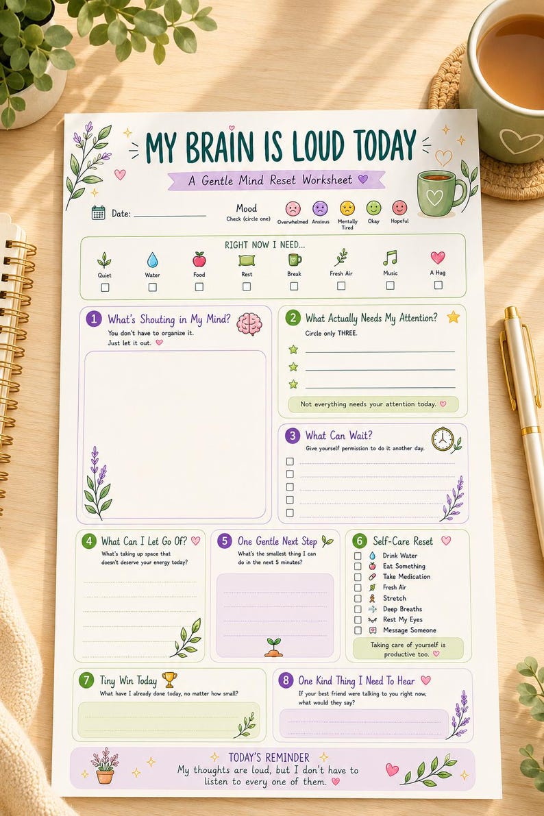 Puede incluir: Una hoja de trabajo de papel blanco titulada My Brain Is Loud Today, A Gentle Mind Reset Worksheet. Incluye secciones para el seguimiento del estado de &aacute;nimo, necesidades y ocho indicaciones, incluyendo What's Shouting in My Mind, What Actually Needs My Attention y Self-Care Reset, decoradas con coloridas ilustraciones florales y bot&aacute;nicas.