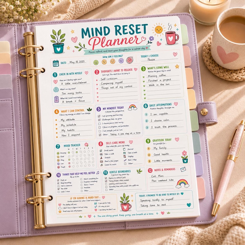 Puede incluir: Una carpeta de seis anillas de color lavanda que contiene una p&aacute;gina de Mind Reset Planner con secciones para registros diarios, seguimiento del estado de &aacute;nimo y gratitud. La p&aacute;gina presenta ilustraciones coloridas de plantas, un sol y una taza.