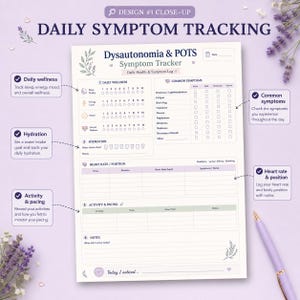 Pode incluir: Uma folha de rastreamento di&aacute;rio de sintomas para disautonomia e POTS em papel branco com texto roxo e detalhes florais. Inclui se&ccedil;&otilde;es para bem-estar di&aacute;rio, sintomas comuns, hidrata&ccedil;&atilde;o, frequ&ecirc;ncia card&iacute;aca, atividade e notas.
