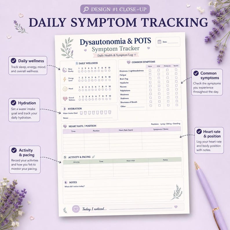 Pode incluir: Uma folha de rastreamento di&aacute;rio de sintomas para disautonomia e POTS em papel branco com texto roxo e detalhes florais. Inclui se&ccedil;&otilde;es para bem-estar di&aacute;rio, sintomas comuns, hidrata&ccedil;&atilde;o, frequ&ecirc;ncia card&iacute;aca, atividade e notas.