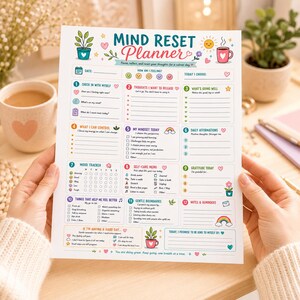 Puede incluir: Una hoja de papel Mind Reset Planner blanca con doce secciones numeradas para la reflexi&oacute;n diaria, el seguimiento del estado de &aacute;nimo y el autocuidado. El dise&ntilde;o incluye iconos coloridos como plantas, corazones, un sol y un arco&iacute;ris, con indicaciones de texto.