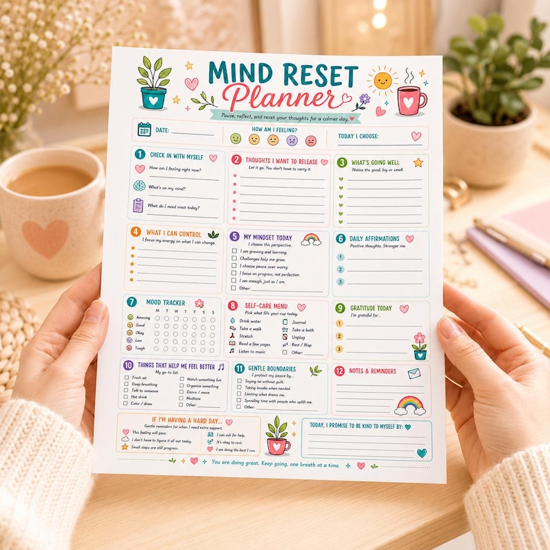 Puede incluir: Una hoja de papel Mind Reset Planner blanca con doce secciones numeradas para la reflexi&oacute;n diaria, el seguimiento del estado de &aacute;nimo y el autocuidado. El dise&ntilde;o incluye iconos coloridos como plantas, corazones, un sol y un arco&iacute;ris, con indicaciones de texto.