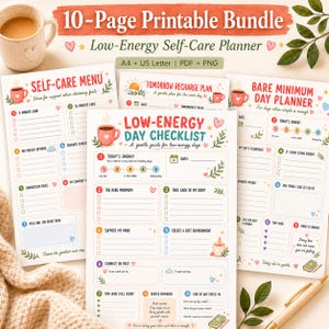 May include: A 10-page printable low-energy self-care planner bundle in A4 and US Letter sizes. The pages feature checklists, menus, and planners with colorful illustrations of coffee mugs, hearts, and leaves, including text like Low-Energy Day Checklist.