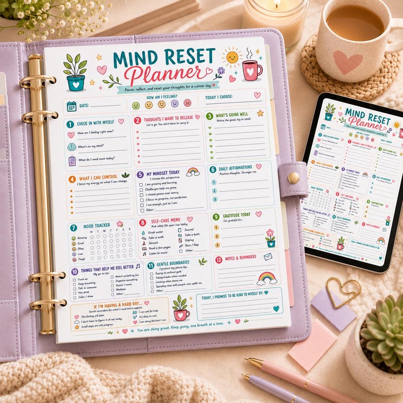 Puede incluir: Una p&aacute;gina de Mind Reset Planner dentro de una carpeta color lavanda, con secciones para seguimiento del estado de &aacute;nimo, afirmaciones diarias, gratitud y autocuidado. La p&aacute;gina incluye ilustraciones coloridas de plantas, un sol y una taza con textos.