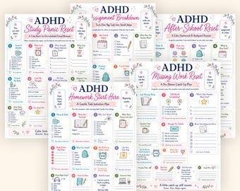 Puede incluir: Un paquete de hojas de planificación para estudiantes con TDAH que presenta gráficos en tonos pastel y texto que incluye ADHD Study Panic Reset, Assignment Breakdown, After-School Reset, Homework Start Here y Missing Work Reset con listas numeradas.