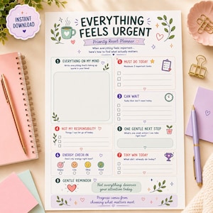 May include: A white paper planner sheet titled Everything Feels Urgent with sections for tasks, energy levels, and reminders. The layout includes numbered categories, colourful icons like a coffee mug, clipboard, and trophy, and text prompts to organise daily priorities.