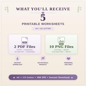 Pode incluir: Um gr&aacute;fico de informa&ccedil;&otilde;es de produto digital intitulado WHAT YOU'LL RECEIVE 5 PRINTABLE WORKSHEETS. Lista 2 arquivos PDF e 10 arquivos PNG nos tamanhos A4 e US Letter a 300 DPI. &Iacute;cones indicam download instant&acirc;neo e uso pessoal.