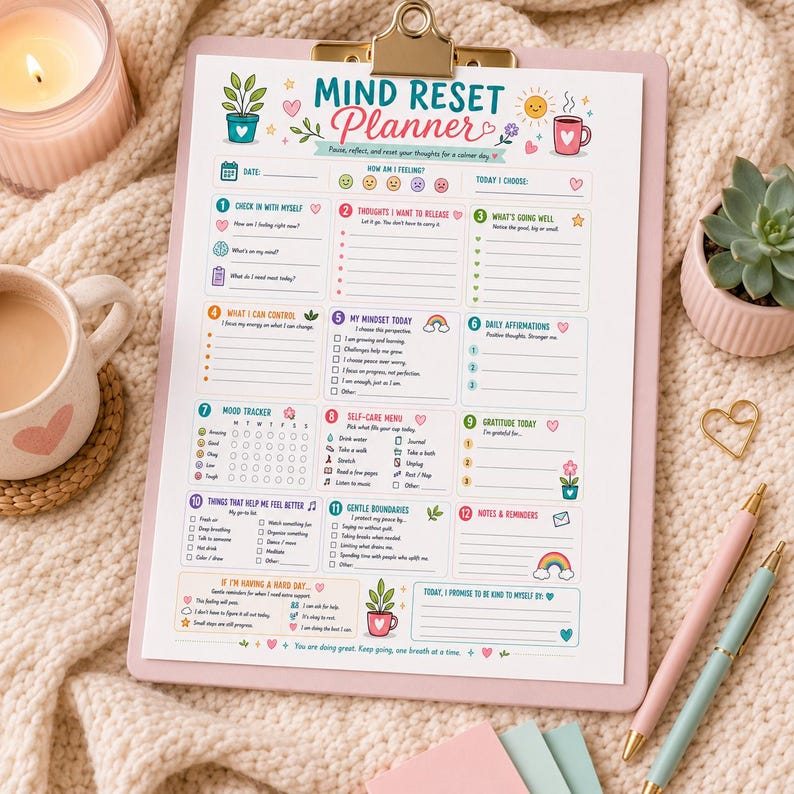 Puede incluir: Una hoja de papel Mind Reset Planner sobre un portapapeles rosa. El planificador presenta doce secciones numeradas con iconos coloridos, incluyendo un rastreador de estado de &aacute;nimo, afirmaciones diarias y un men&uacute; de autocuidado.