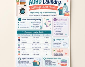 Puede incluir: Un póster informativo blanco titulado ADHD Laundry Settings Cheat Sheet con ilustraciones de una lavadora, cestas de ropa y calcetines. Incluye secciones para ajustes rápidos, guías de carga común y consejos de lavandería.