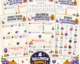 Puede incluir: Un paquete de seis páginas con temática de Halloween para la salud mental y la organización, que incluye hojas de trabajo tituladas What's Haunting My To-Do List, October Mood & Energy Tracker, Low-Energy Spooky Day Plan, Spooky Season Dopamine Menu, Halloween Overwhelm Reset y Spooky Self-Care Bingo.